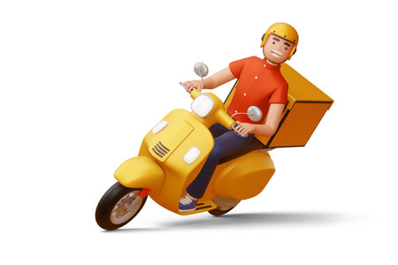 Delivery man riding a motorcycle with delivery box, 3d rendering.の写真素材