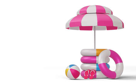 Colorful swimming ring and umbrellas, summer season, summer template 3d renderingの写真素材