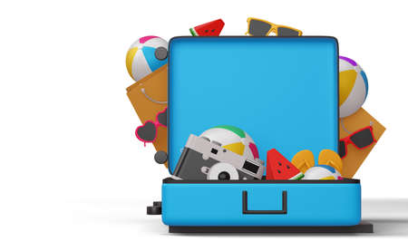 Display suitcase, beach equipment, summer season, summer template 3d renderingの写真素材