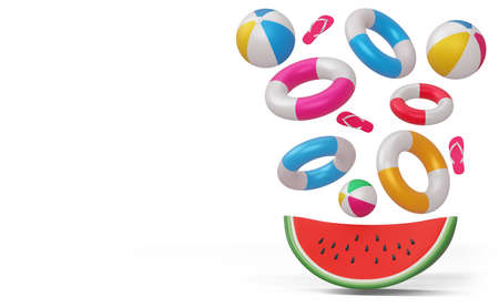 Watermelon and swimming ring with beach ball, summer season, summer template 3d renderingの写真素材