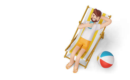Happy man on beach chair with beach ball, summer season, summer template 3d renderingの写真素材
