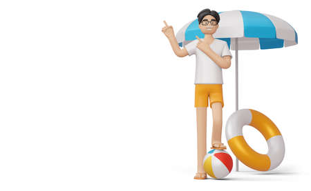 Happy man and swimming ring with beach ball, summer season, summer template 3d rendering