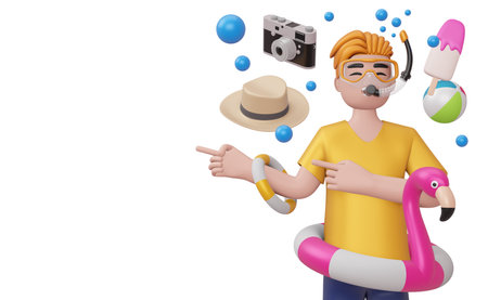 Happy man pointing finger wearing scuba diving mask in flamingo swim ring with beach equipment, summer season, summer template, 3d renderingの写真素材