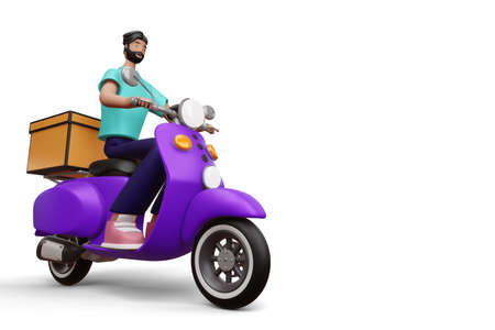 Delivery man riding a motorcycle with delivery box, 3d rendering
