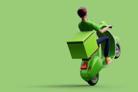 Delivery man riding a motorcycle with delivery box, 3d rendering