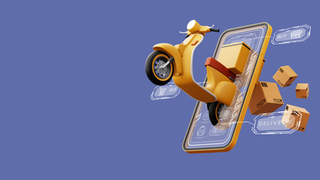 Delivery Courier service, online shopping, motorcycle with parcel box, 3d renderingの写真素材