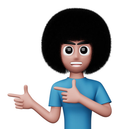 Happy excited man pointing to the side, Cute cartoon character, 3d renderingの写真素材