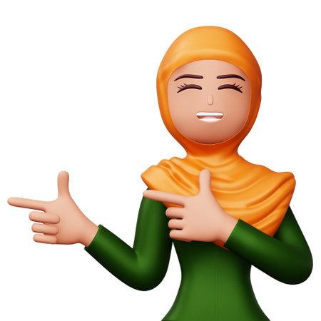 Happy excited woman pointing to the side, Cute cartoon character, 3d renderingの写真素材
