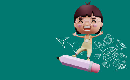 Happy child with pancil, cute girl cartoon character, 3d renderingの写真素材