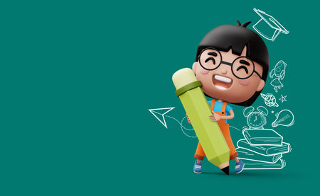 Happy child with pancil, cute girl cartoon character, 3d renderingの写真素材