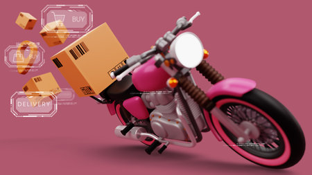 Delivery Courier service, online shopping, motorcycle with parcel box, 3d renderingの写真素材