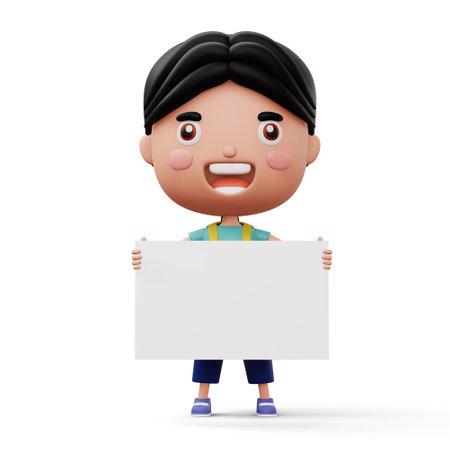 Happy child with bag holding blank white board, cute boy cartoon character, 3d rendering