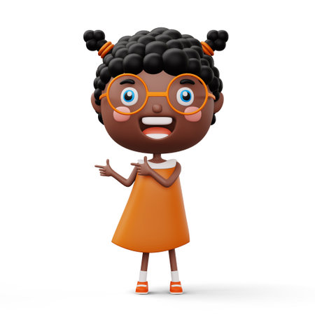 Happy child pointing fingers, cute girl cartoon character, 3d renderingの写真素材