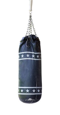  Old Sand bag hanging on ceiling for practice boxing, on white backgroundの写真素材