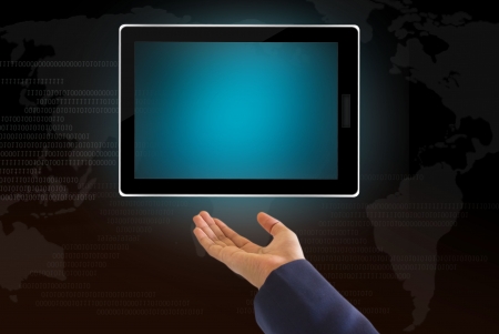 hand of business man pushing a button on a touch screen interfaceの写真素材