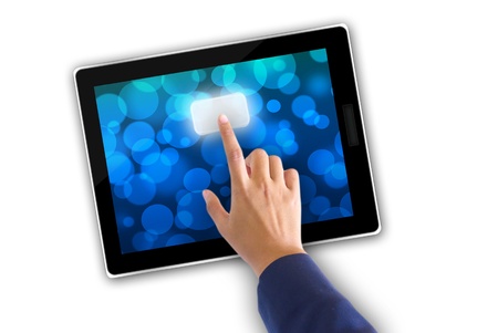 hand of business man pushing a button on a touch screen interface