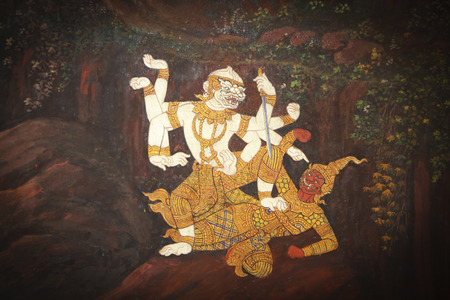 BANGKOK ,THAILAND - AUG 16 : Ancient Thai mural painting with tempera colors and gilding painting of Ramayana story in Wat Phra Sri Rattana Satsadaram on August 16, 2014 in Bangkok, Thailand.のeditorial素材