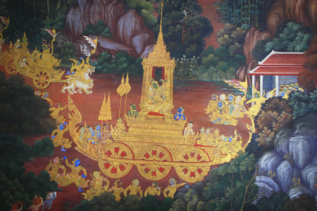 BANGKOK ,THAILAND - AUG 16 : Ancient Thai mural painting with tempera colors and gilding painting of Ramayana story in Wat Phra Sri Rattana Satsadaram on August 16, 2014 in Bangkok, Thailand.のeditorial素材
