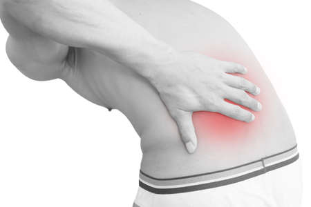 man with back pain, isolated in white background