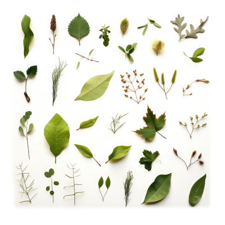 Set of various leaves and herbs isolated on white background. Flat lay, top view