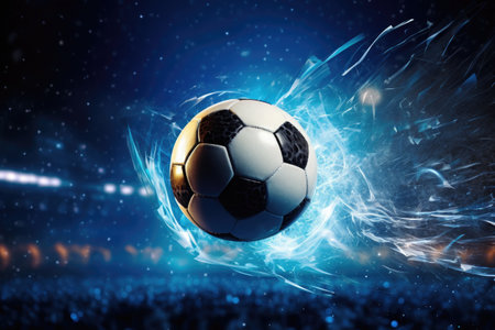 Soccer ball flying high in the air. Mixed media. Mixed mediaの写真素材