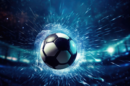 Soccer ball flying high in blue light. 3D rendering.