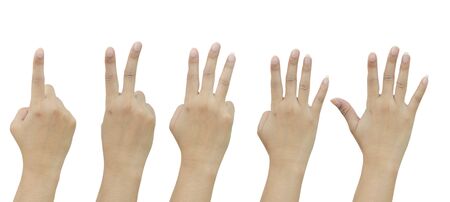 set counting number 1-5 of woman hand isolated on white backgroundの写真素材