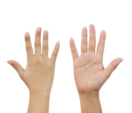 Woman hand making sign. Isolated on white backgroundの写真素材