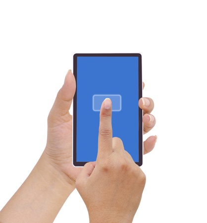 hand holding a touchpad pc, one finger touches the screen, isolated on whiteの写真素材