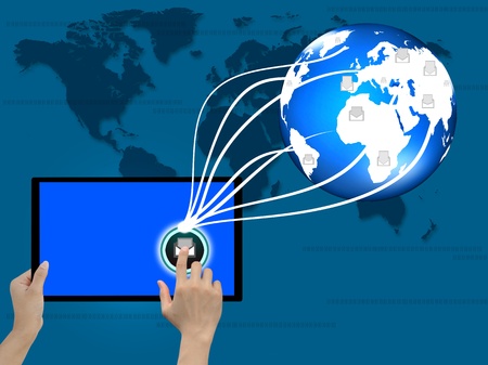 hand holding a touchpad pc with word mail dalivery on world map background の写真素材