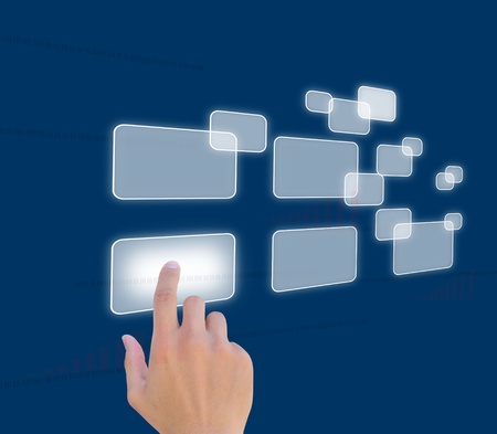 hand pushing a button on a touch screen interface の写真素材