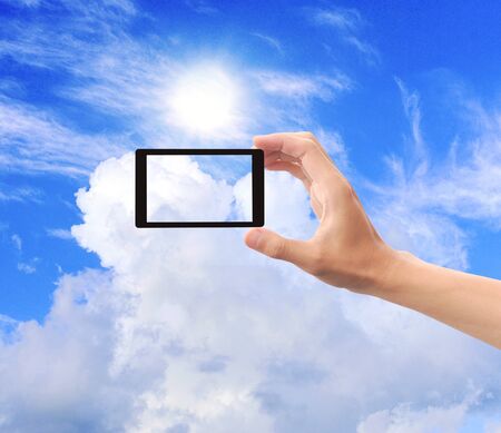 Hand female to hold card, mobile phone, tablet PC or other palm gadget, isolated on white の写真素材