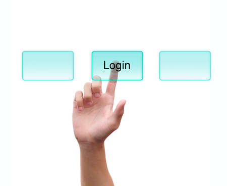 hand pushing a button on a touch screen interface の写真素材