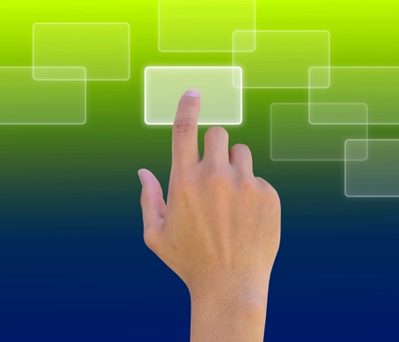 hand pushing a button on a touch screen interface の写真素材