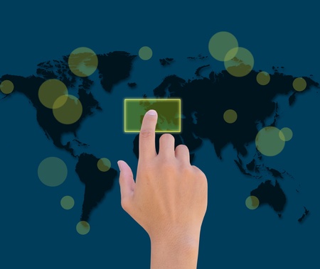 hand pushing a button on a touch screen interface の写真素材
