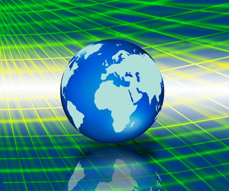 worldl map with blue shinyc abstrace networkの写真素材