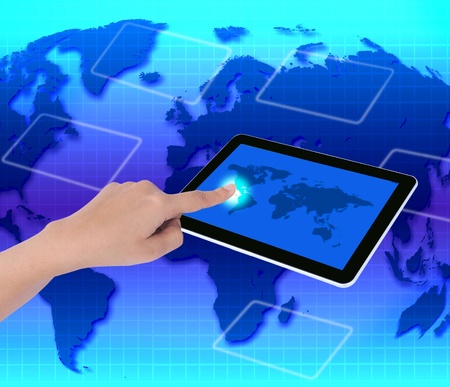 hand pushing a button on a touch screen interface の写真素材