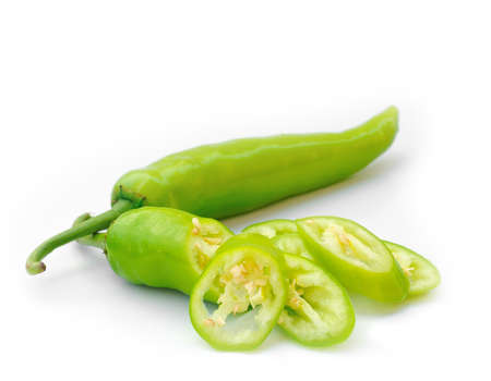 Green hot chili pepper on whiteの写真素材