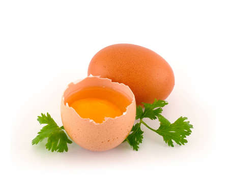 Broken egg isolated on white backgroundの写真素材