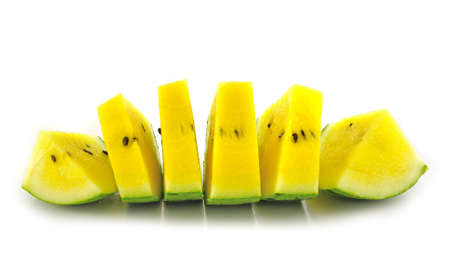Ripe and juicy water melon slice isolated on white background の写真素材