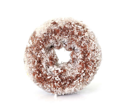 Coconut chocolate donut isolated on whiteの写真素材