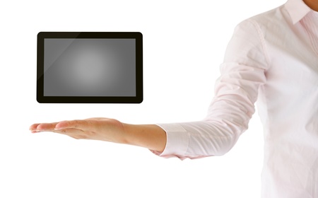 holding tablet computer in his hand on white backgroundの写真素材