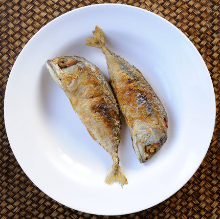 Mackerel fried on white plate