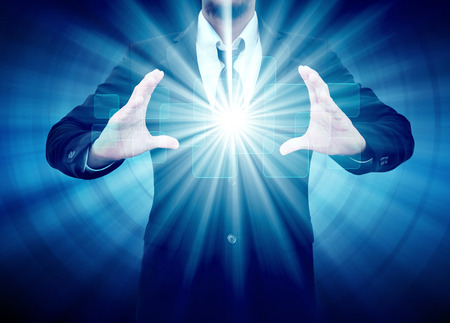 Businessman hand holding button touch screen interfaceの写真素材