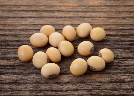 Soy beans on wooden backgroundの写真素材