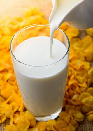 Milk pouring from a jug into a glassの写真素材