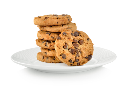 Chocolate chip cookie in plate on white backgroundの写真素材