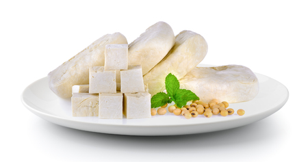 tofu soy and mint in plate isolated on a white backgroundの写真素材