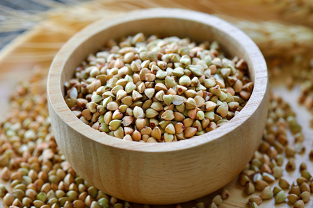 Buckwheat in wood bowlの写真素材