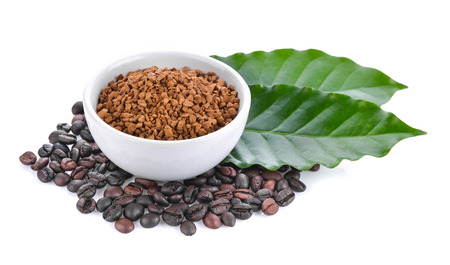 coffee beans and leaf on white backgroundの写真素材